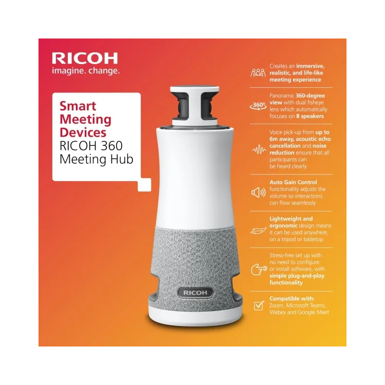 Ricoh Conference system 360 Meeting hub, 3-in-1, 360, Plug-and-Play Conference Camera/Microphone/Speaker, Camera 1920x1080, 3.6m