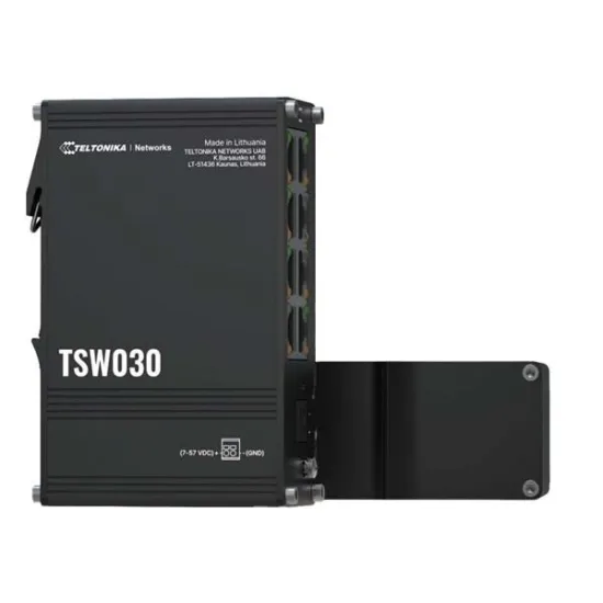 Teltonika Switch TSW030, 8x 10/100 Mbps RJ45 ports, IP30, unmanaged, plug-and-play, integrated DIN rail mounting, wall mounting,