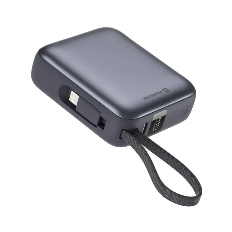 Swissten POWER BANK 10000 mAh WITH BUILT-IN CABLES USB-C AND LIGHTNING SPACE SILVER