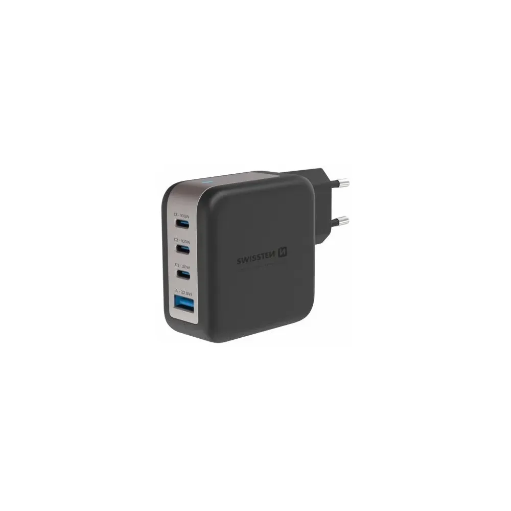Swissten Travel Charger GaN 3x USB-C 100W PD + 1x USB-A 18W QC Black