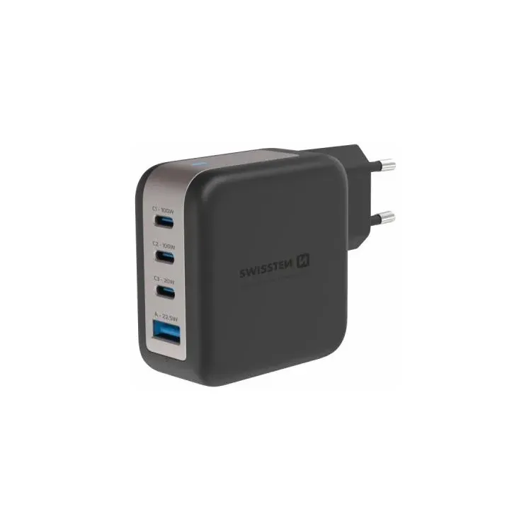 Swissten Travel Charger GaN 3x USB-C 100W PD + 1x USB-A 18W QC Black