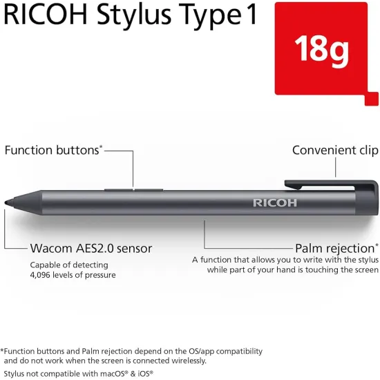 Ricoh Active Stylus for RICOH portable monitors Type1, 18g, Wacom AES2.0 sensor, 4096 pressure detection, AAAA Battery-powered