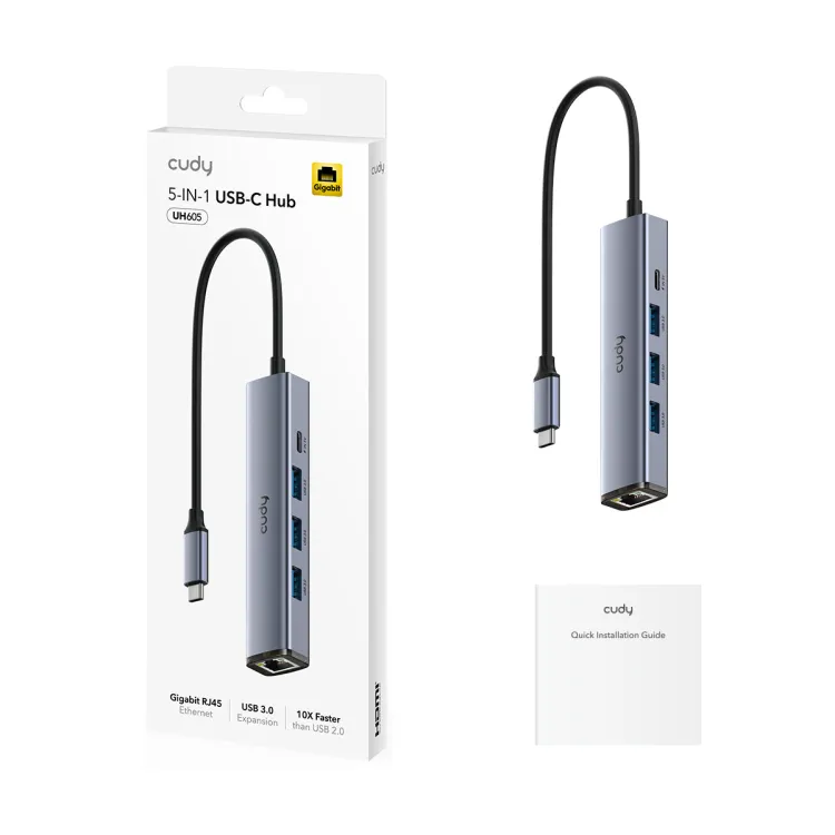CUDY Hub UH605, 5-in-1, 3x USB-A 3.2, 1x Gigabit Ethernet (GbE), 1x USB-C, plug & play, external