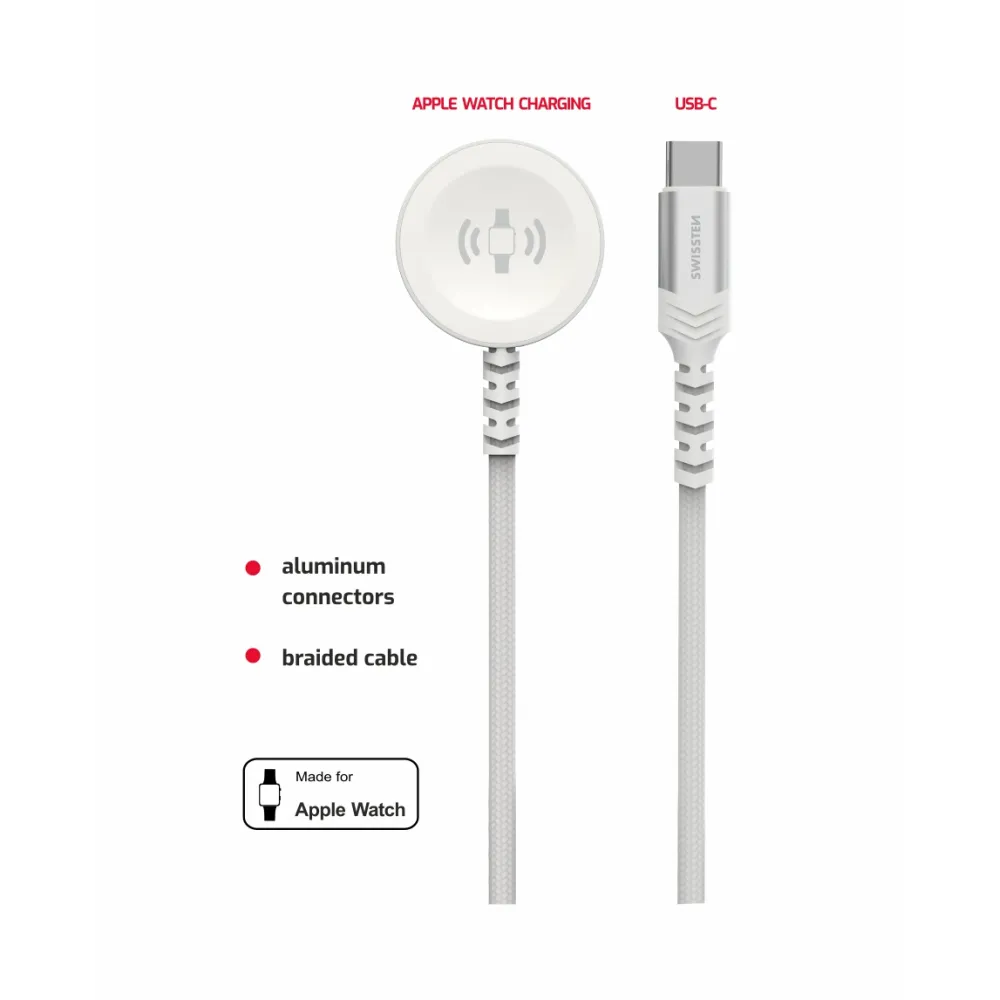 Swissten Punjač za Apple watch magnetic, USB-C 1.2m White