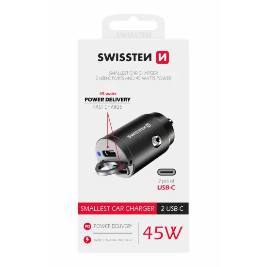 Swissten Car Adapter 2X USB-C 45W Nano Black