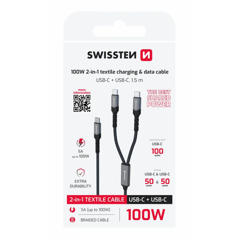Swissten Kabl 2in1 100W USB-C/ 2x USB-C 1.5m Black