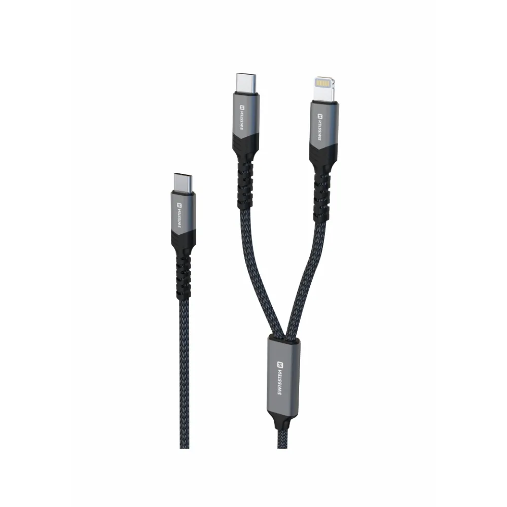 Swissten Kabl 2in1 100W USB-C/ USB-C + Lightning 1.5m Black