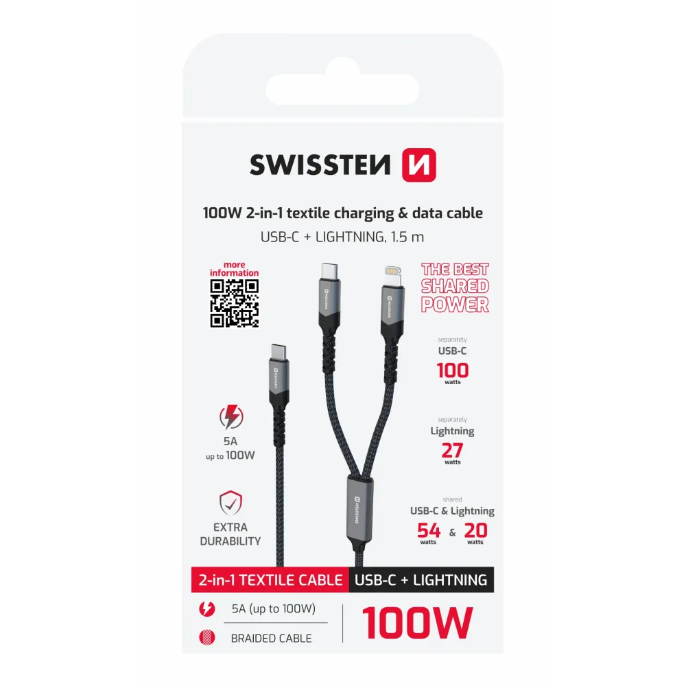 Swissten Kabl 2in1 100W USB-C/ USB-C + Lightning 1.5m Black