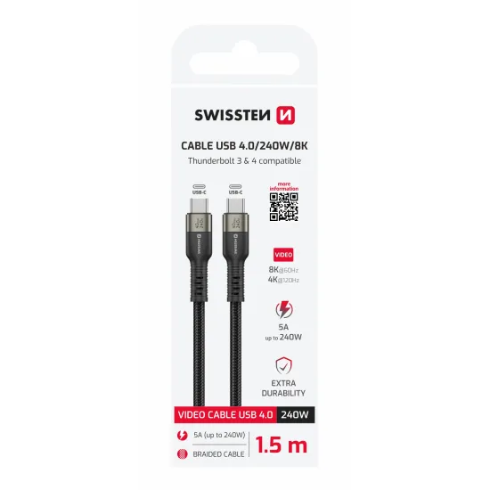 Swissten Kabl Data Video USB-C 4.0 – 240W, 40Gbps, 8K 60Hz, 1.5m Black
