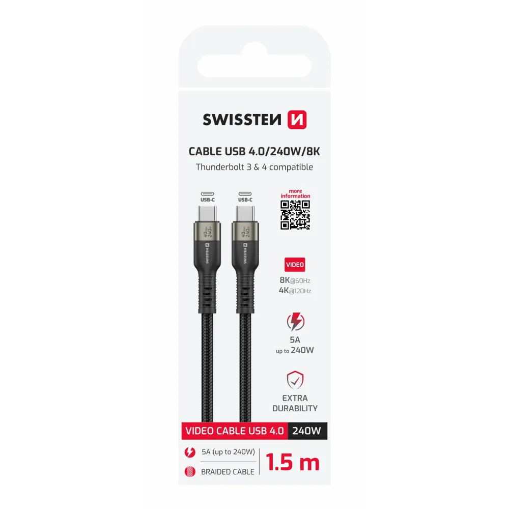 Swissten Kabl Data Video USB-C 4.0 – 240W, 40Gbps, 8K 60Hz, 1.5m Black