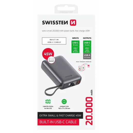 Swissten Power bank 20000 mAh 45W with built-in cable USB-C Space Silver