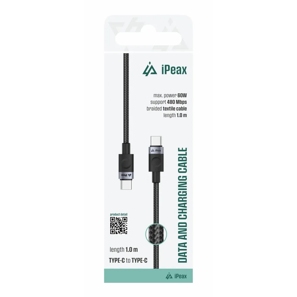 iPEAX Kabl Textile Type-C/Type-C 1m, USB 2.0 Black