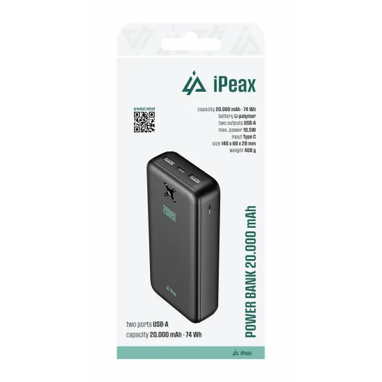 iPEAX Power bank 20000 mAh, 10.5W, 2x USB-A Black