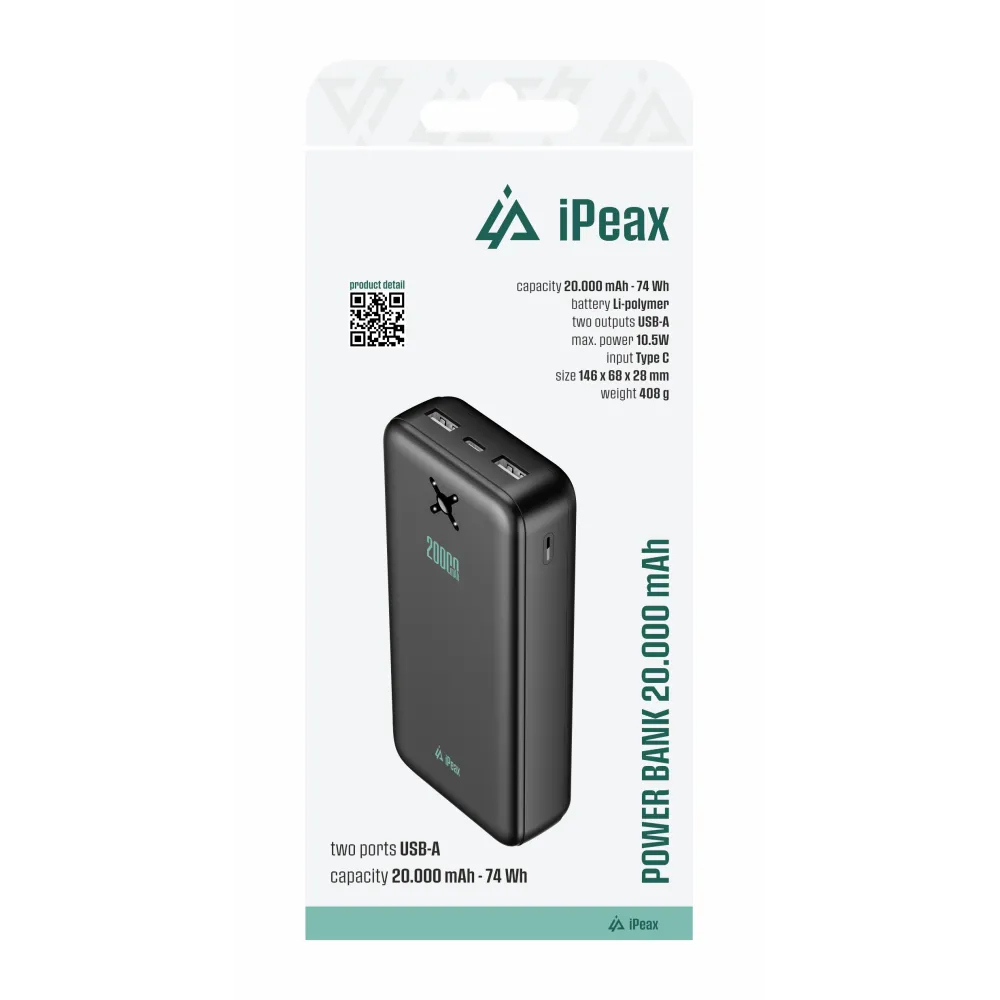iPEAX Power bank 20000 mAh, 10.5W, 2x USB-A Black