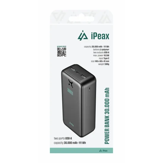 iPEAX Power bank 30000 mAh, 10.5W, 2x USB-A Black