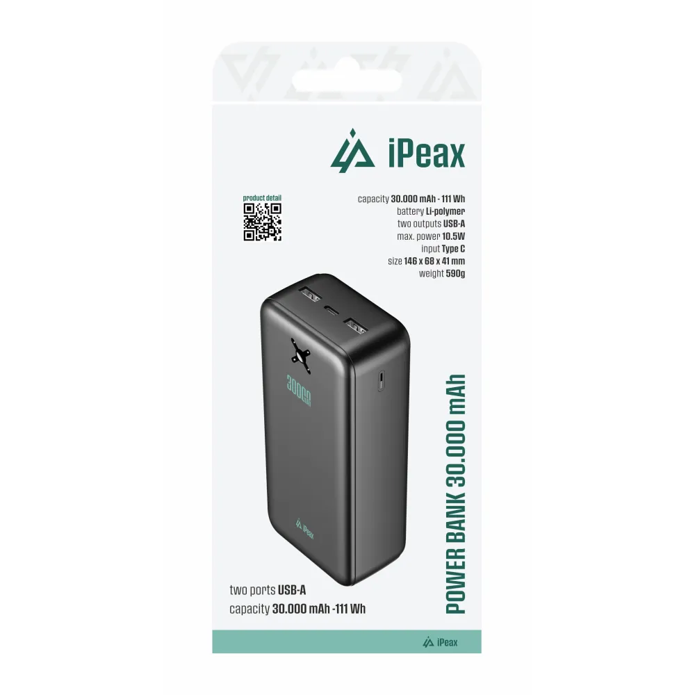 iPEAX Power bank 30000 mAh, 10.5W, 2x USB-A Black