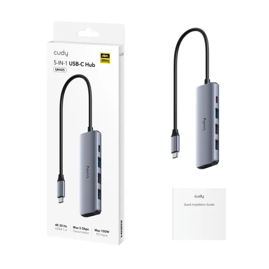 CUDY HUB 5-in-1 1x HDMI 4K, 1x USB Type-C PD 100W, 1x USB A 3.2, 1x USB A 2.0