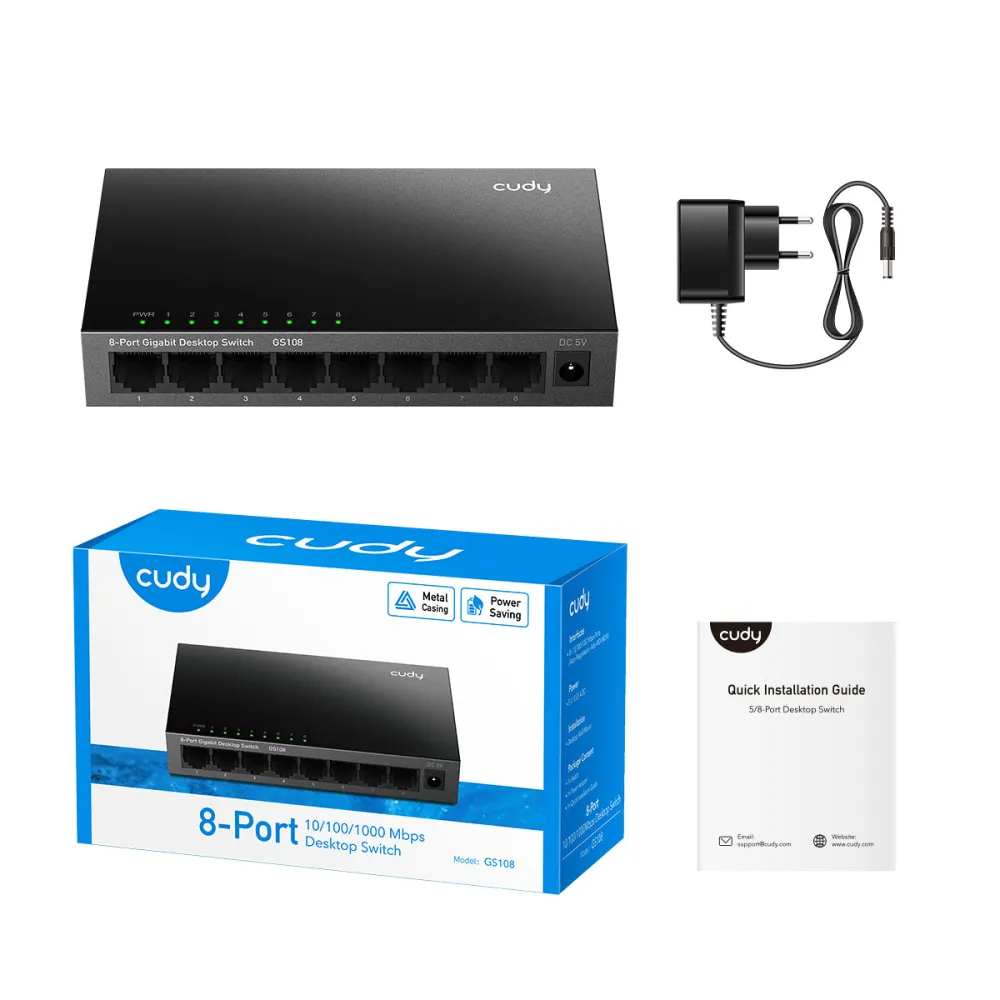 CUDY Switch GS108, 8x 10/100/1000Mbps RJ45 ports, unmanaged, plug-and-play, metal housing