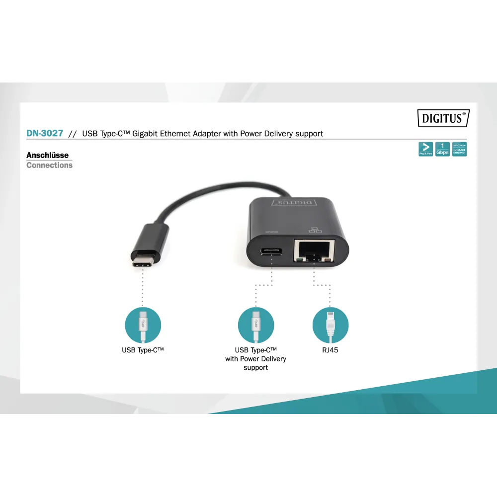 Digitus HUB USB Type C to RJ45 Gigabit Ethernet + Type C PD