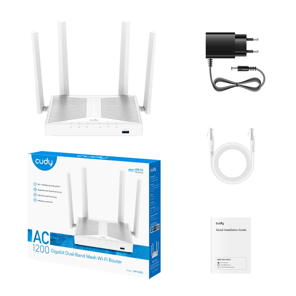 CUDY Router WR1300S AC1200 Gigabit Mesh USB