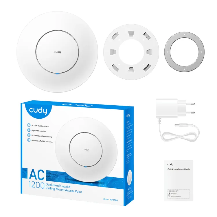 CUDY Access Point AP1300, AC1200 (WiFi 5), dual-band, do 1.2Gbps, 1x GbE, PoE 802.3af + PoE adapter included, ceiling/wall mount