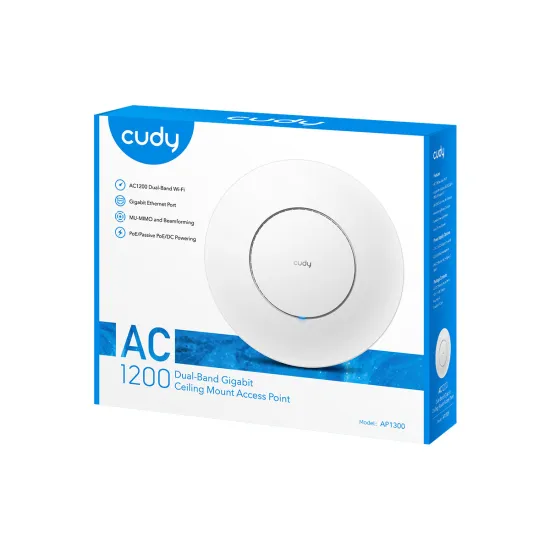 CUDY Access Point AP1300, AC1200 (WiFi 5), dual-band, do 1.2Gbps, 1x GbE, PoE 802.3af + PoE adapter included, ceiling/wall mount