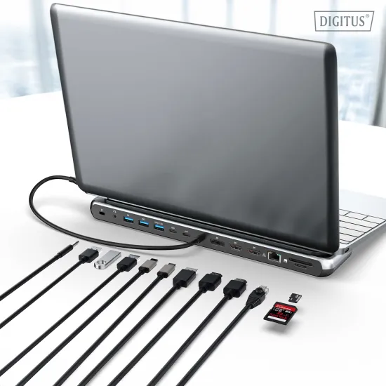 Digitus HUB 12 in 1, 2x HDMI, 1x DP, 3x USB 3.2, 1x USB Type-C, 1x USB Type-C PD, 1x RJ45 Gigabit Ethernet, 2x card reader, 1x 3