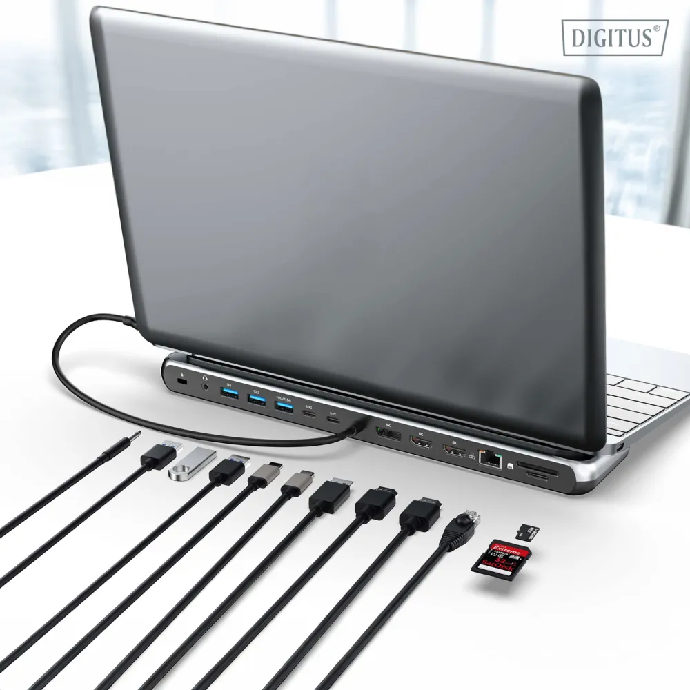 Digitus HUB 12 in 1, 2x HDMI, 1x DP, 3x USB 3.2, 1x USB Type-C, 1x USB Type-C PD, 1x RJ45 Gigabit Ethernet, 2x card reader, 1x 3