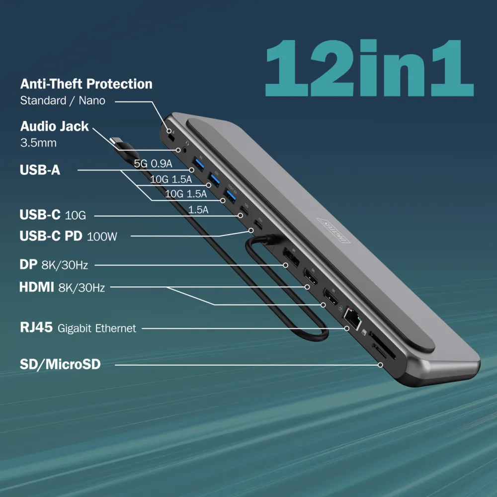 Digitus HUB 12 in 1, 2x HDMI, 1x DP, 3x USB 3.2, 1x USB Type-C, 1x USB Type-C PD, 1x RJ45 Gigabit Ethernet, 2x card reader, 1x 3