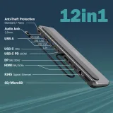 Digitus HUB 12 in 1, 2x HDMI, 1x DP, 3x USB 3.2, 1x USB Type-C, 1x USB Type-C PD, 1x RJ45 Gigabit Ethernet, 2x card reader, 1x 3
