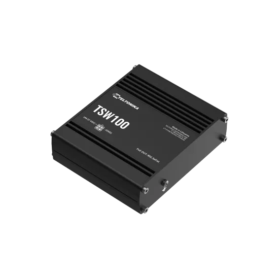 Teltonika Switch TSW100, 5x 10/100/1000Mbps RJ45 ports, 4x PoE+ (802.3af/at), 120W PoE budget, unmanaged, plug-and-play, industr