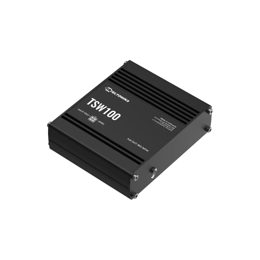 Teltonika Switch TSW100, 5x 10/100/1000Mbps RJ45 ports, 4x PoE+ (802.3af/at), 120W PoE budget, unmanaged, plug-and-play, industr