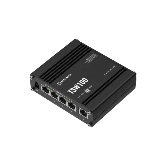 Teltonika Switch TSW100, 5x 10/100/1000Mbps RJ45 ports, 4x PoE+ (802.3af/at), 120W PoE budget, unmanaged, plug-and-play, industr