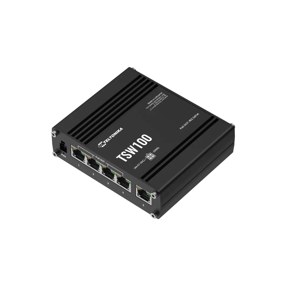 Teltonika Switch TSW100, 5x 10/100/1000Mbps RJ45 ports, 4x PoE+ (802.3af/at), 120W PoE budget, unmanaged, plug-and-play, industr