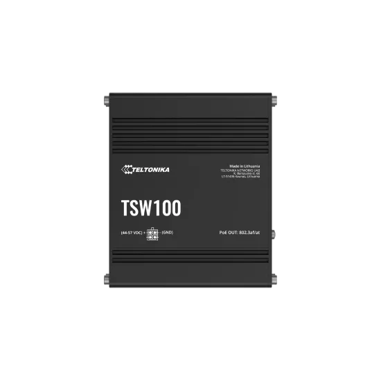 Teltonika Switch TSW100, 5x 10/100/1000Mbps RJ45 ports, 4x PoE+ (802.3af/at), 120W PoE budget, unmanaged, plug-and-play, industr