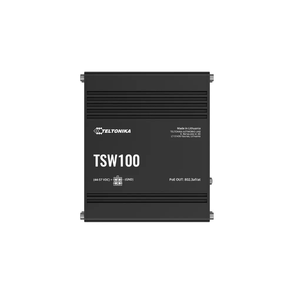 Teltonika Switch TSW100, 5x 10/100/1000Mbps RJ45 ports, 4x PoE+ (802.3af/at), 120W PoE budget, unmanaged, plug-and-play, industr