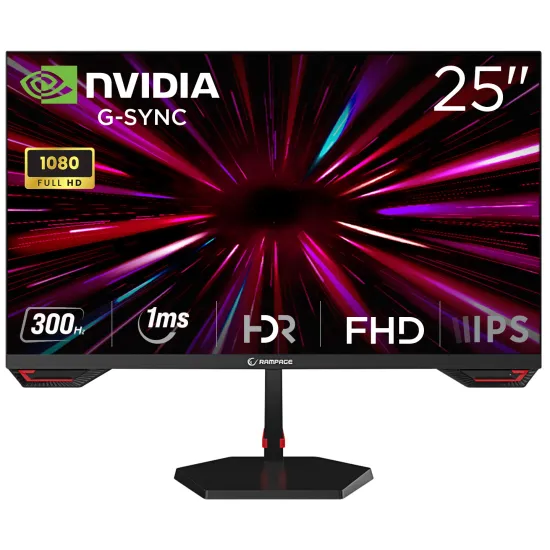 Rampage Monitor 25 CRIMSON CR25R300F, 1920×1080 (FHD), IPS panel (CSOT Fast IPS), 300Hz, 0.5 ms (GtG), 1000:1, 300 cd/m², FreeSy