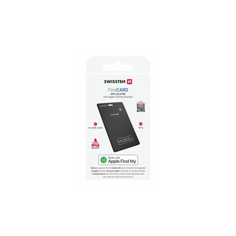 Swissten Find Card Smart Locator With Apple Find My Function - Black