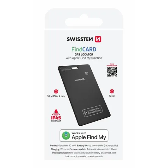 Swissten Find Card Smart Locator With Apple Find My Function - Black