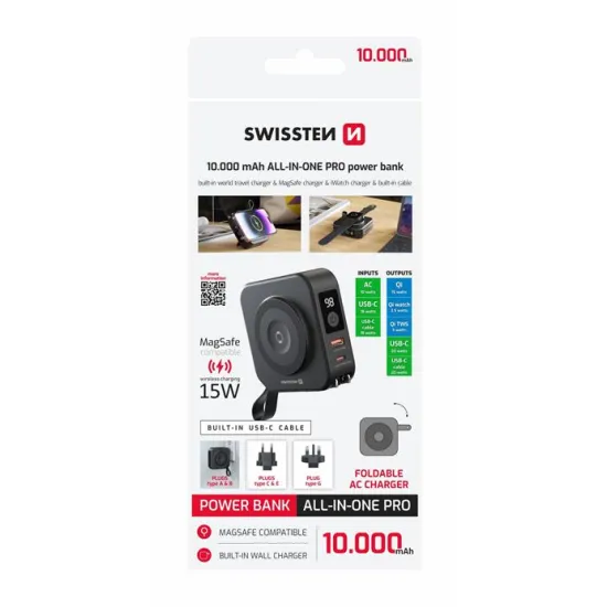 Swissten Powerbank All-In-One Pro with Exchangeable Plugs (US, EU, UK) 10000 mAh 20w - Black