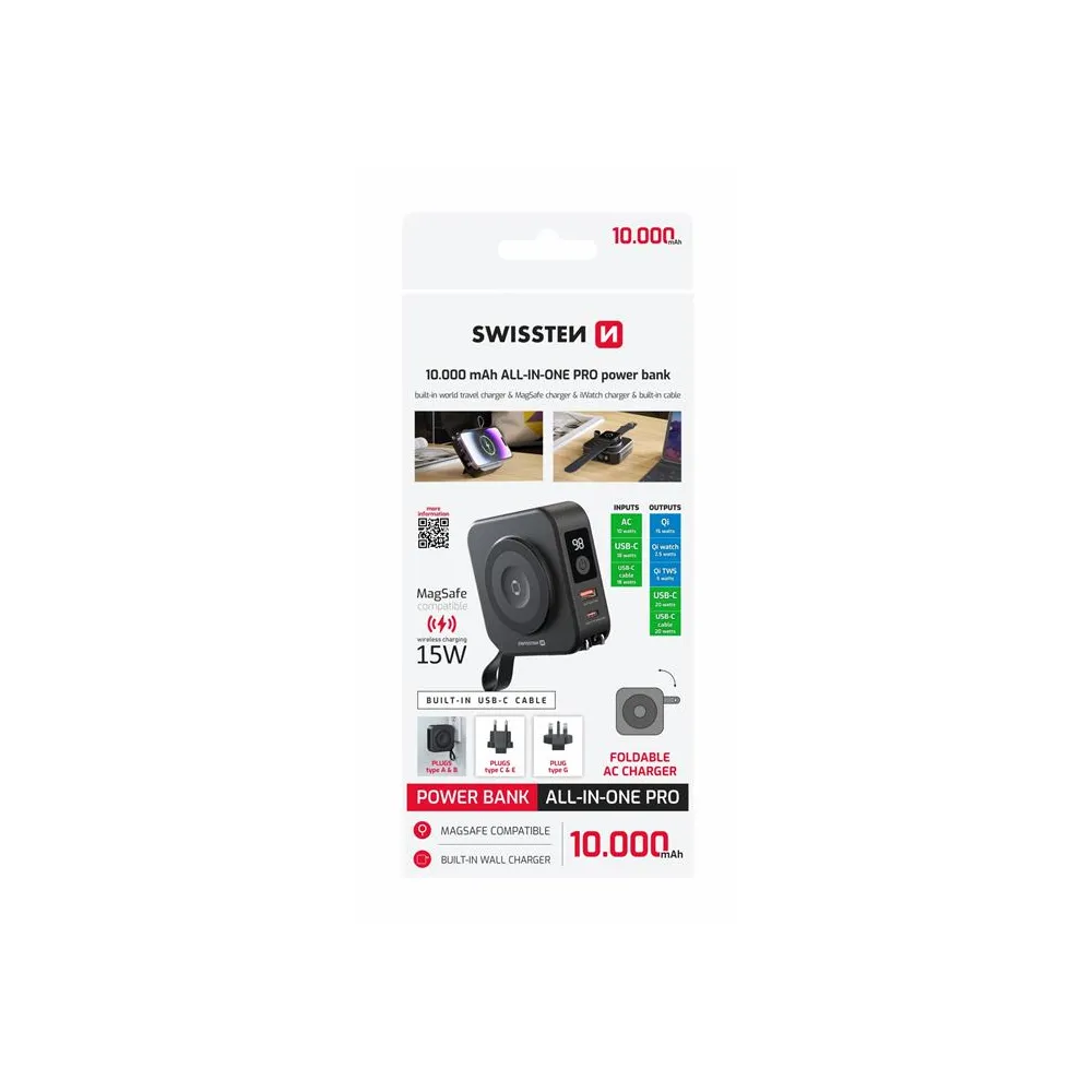 Swissten Powerbank All-In-One Pro with Exchangeable Plugs (US, EU, UK) 10000 mAh 20w - Black