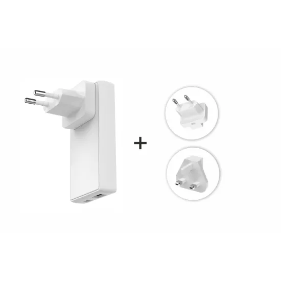 Swissten Travel Power Adapter GaN USB-C + USB-A, 45 W, US, EU, UK, white