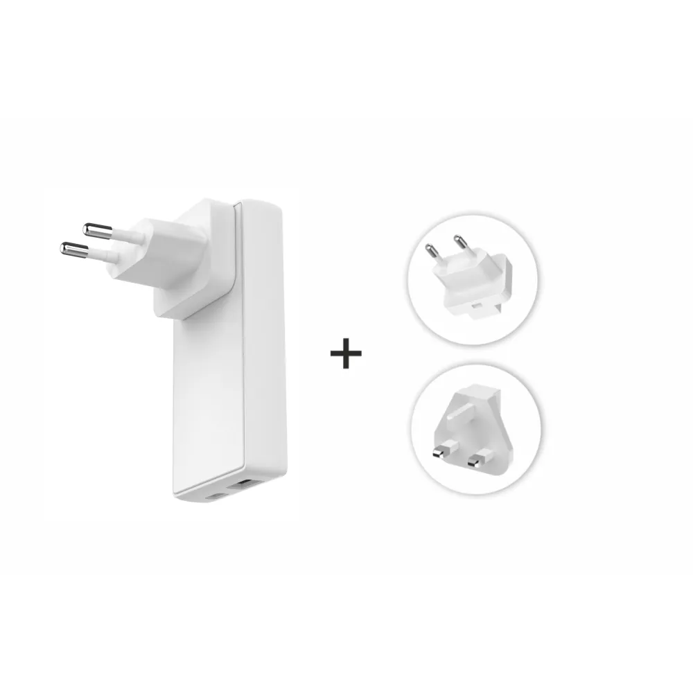 Swissten Travel Power Adapter GaN USB-C + USB-A, 45 W, US, EU, UK, white