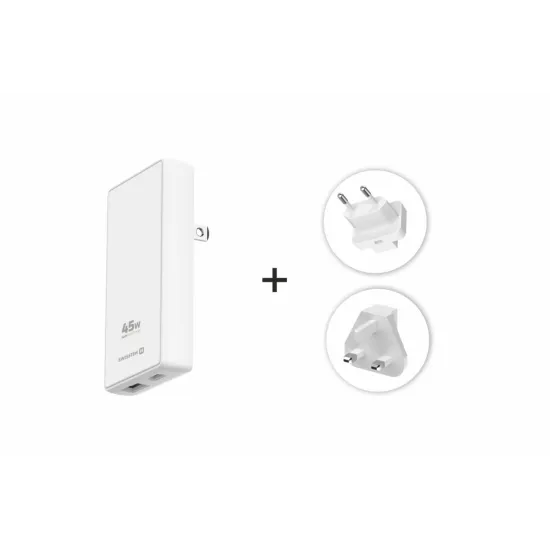 Swissten Travel Power Adapter GaN USB-C + USB-A, 45 W, US, EU, UK, white