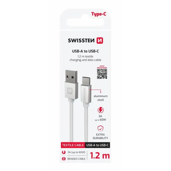 Swissten Data kabl Textile USB / USB-C 1.2m Silver
