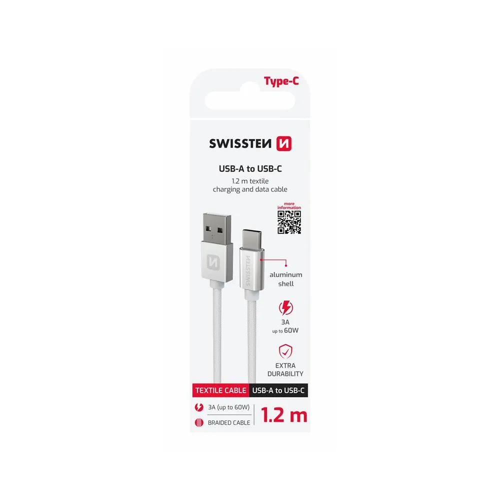 Swissten Data kabl Textile USB / USB-C 1.2m Silver