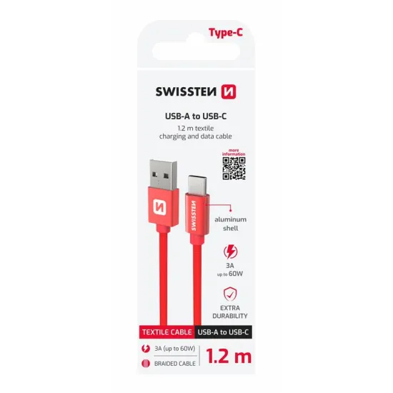 Swissten Data kabl Textile USB / USB-C 1.2m Red