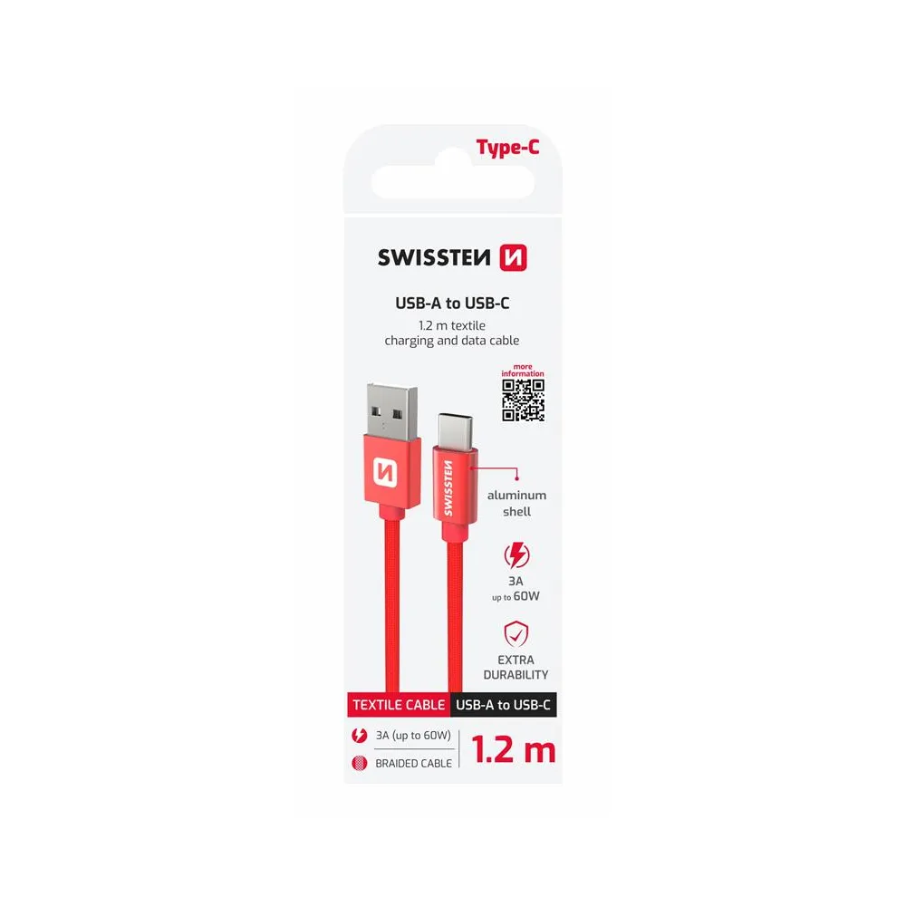 Swissten Data kabl Textile USB / USB-C 1.2m Red