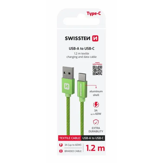 Swissten Data kabl Textile USB / USB-C 1.2m Green