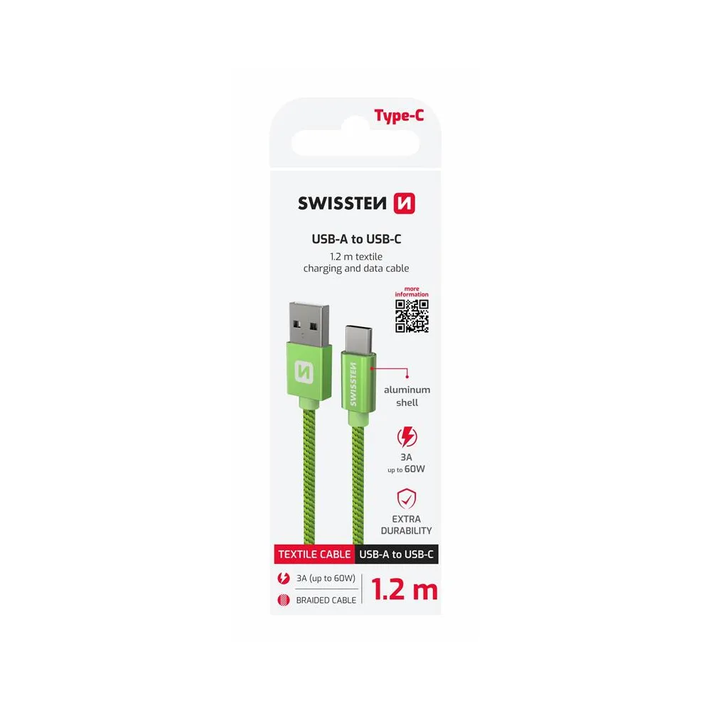 Swissten Data kabl Textile USB / USB-C 1.2m Green